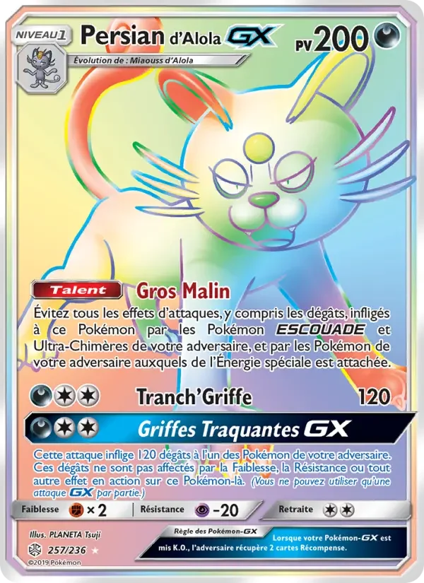Carte Pokémon Persian d’Alola GX — Éclipse Cosmique